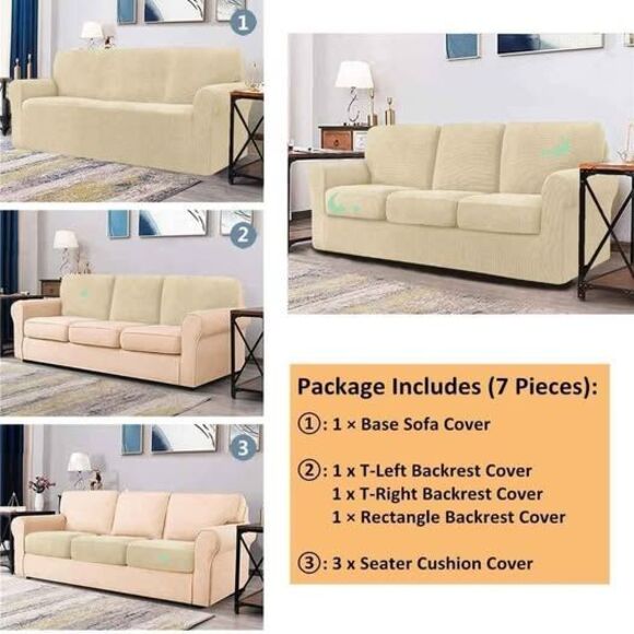 LINGERIN 7 Piece Stretch Sofa Covers 3-SEATER Ivory BEIGE color NEW - Picture 5 of 8